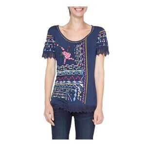 Desigual Damen Black Embroidered Short Sleeve T-Shirt Medium